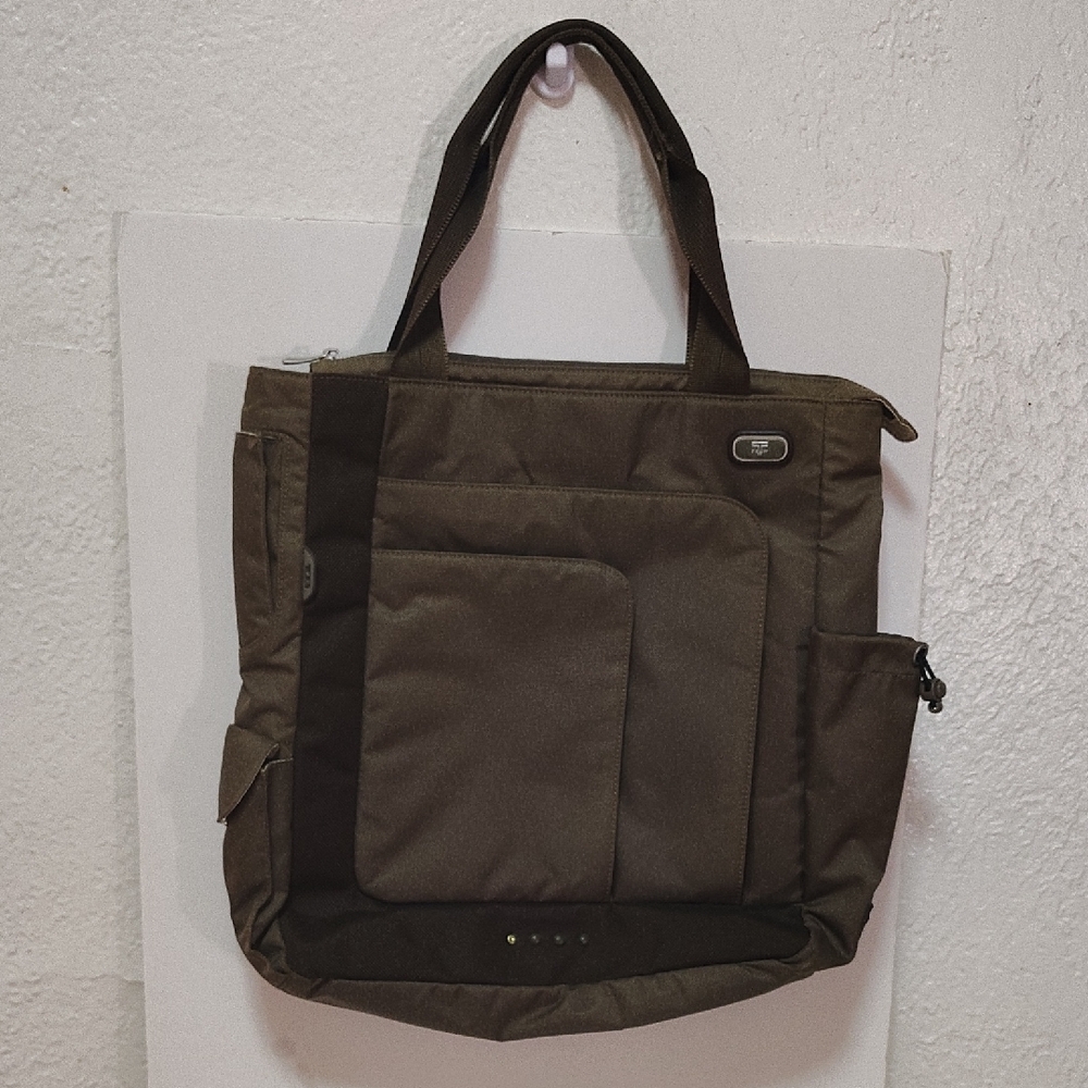 Tumi T Tech Olive Army Green Ballistic Nylon Tote Bag Water Bottle Slot